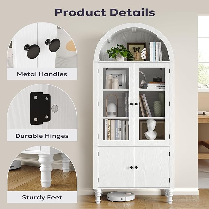 71" Tall Arched Pantry Cabinet, Modern Kitchen Storage Cabinet with Doors, 3 Adjustable Shelves, Door Shelves, Organizer, Versatile Cupboard for Kitchen, Bathroom, White