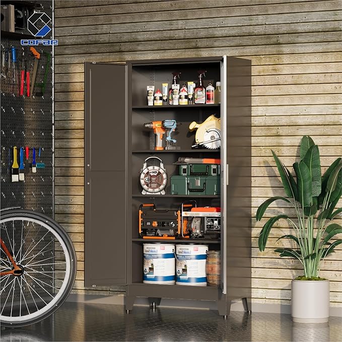 COFaR 71 in Tall Black Metal Cabinet, Metal Storage Cabinet with 4 Adjustable Shelves and Barn Doors, Farmhouse Cupboard Storage for Garage Kitchen Pantry Laundry, Black 5-Tier