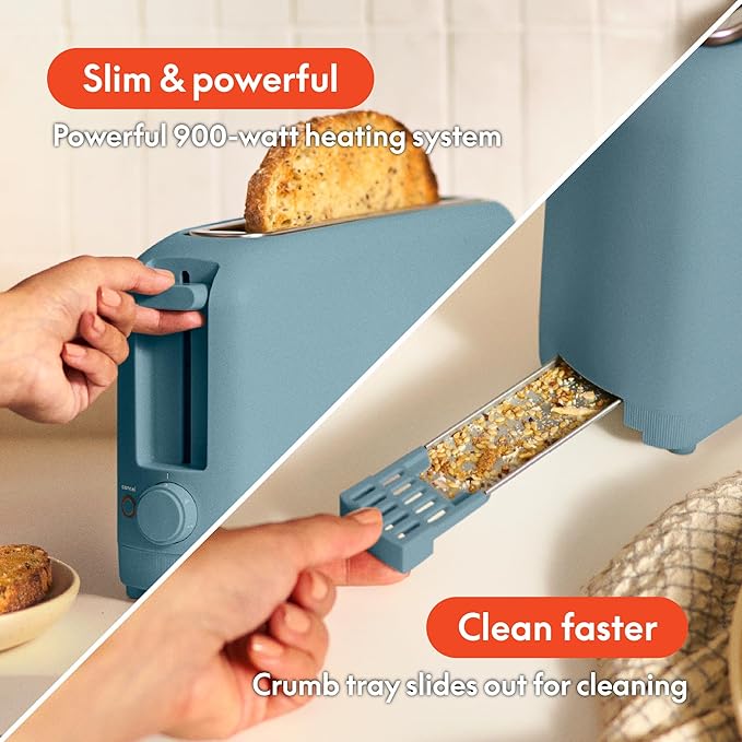 bella 2 Slice Slim Toaster, Fits-anywhere??Kitchenware, 6 Setting Shade Control with Reheat & Cancel Buttons, Fits Sourdough, 10??Long Slot, Anti Jam & Auto Shutoff, 900 Watt, Surf