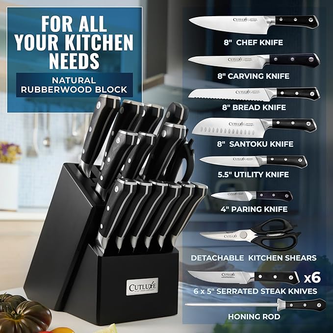 Cutluxe 15-Piece Knife Set ??Premium Black Wood Block ??Knife Set for Kitchen, Ultra Sharp High Carbon German Stainless Steel, Full Tang ??Artisan Series