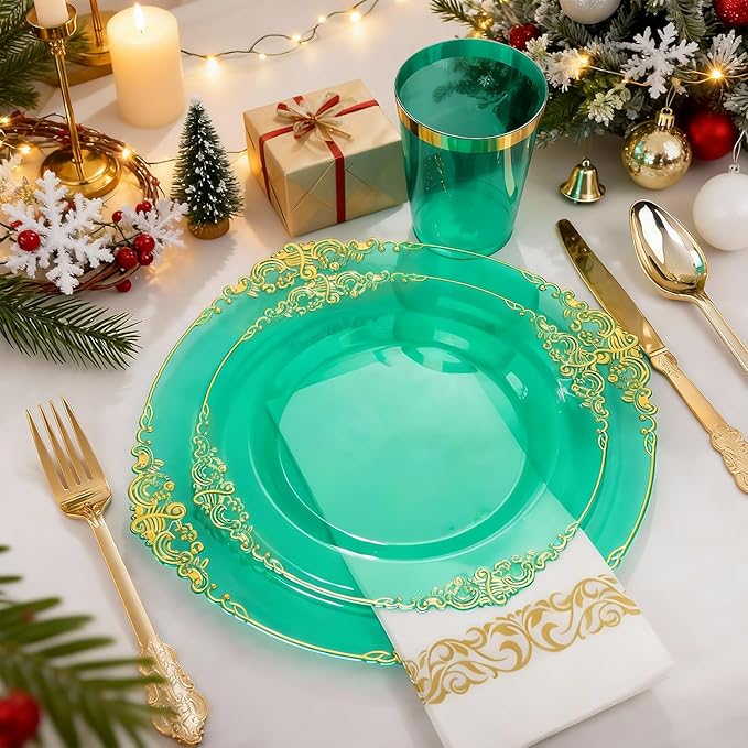 Hioasis 175pcs Clear Green Plastic Plates - Elegant Disposable Dinnerware Set Suitable for 25 Guests Include 10.25" Dinner & 7.5" Dessert Plates, Cutlery, Napkins, Cups for Party & Wedding