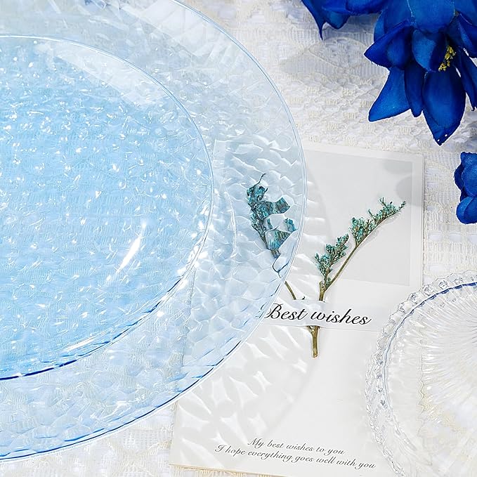 Rubtlamp 100 Pcs Blue Plastic Plates,Heavy Duty plastic Plates,Fancy Disposable Plates, Hammered Plastic plates Include 50 Pcs Dessert Platos, 50 Pcs Dinner Platos for Party