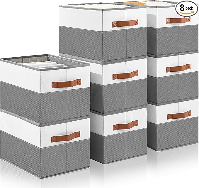 Euct 8 Pack Large Storage Bins with Handle,Collapsible Storage Basket for Shelves,Fabric Closet Organizer for Organizing Clothes Blanket,Decorative Dorm Organizers and Storage