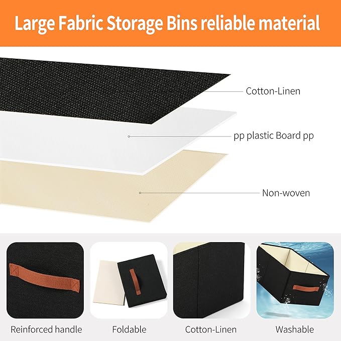 linen closet organizers and storage, 3 Pack Large Storage Baskets, Washable, Clothing Storage Bins with Handle, Closet Organizer for Storage Sweater,Sheets (Black, 16"x9쩍"x6쩐")