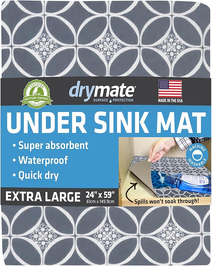 Drymate Premium XL Under Sink Mat, Waterproof Cabinet Protection Mats for Kitchen & Bathroom, Absorbent Shelf Liners, Slip-Resistant, Non-Adhesive, Machine Washable (USA Made)(24?쓝59??(Indigo Grey)