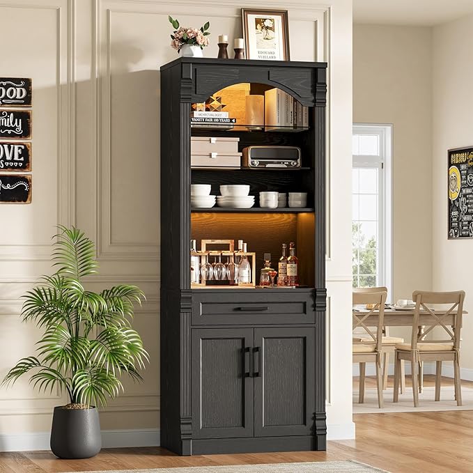 Rresyet 70.9" Tall Kitchen Pantry Storage Cabinet, Modern Kitchen Hutch Bar Cabinet with Lights, Freestanding Food Pantry with Adjustable Shelves and Drawer (Black)