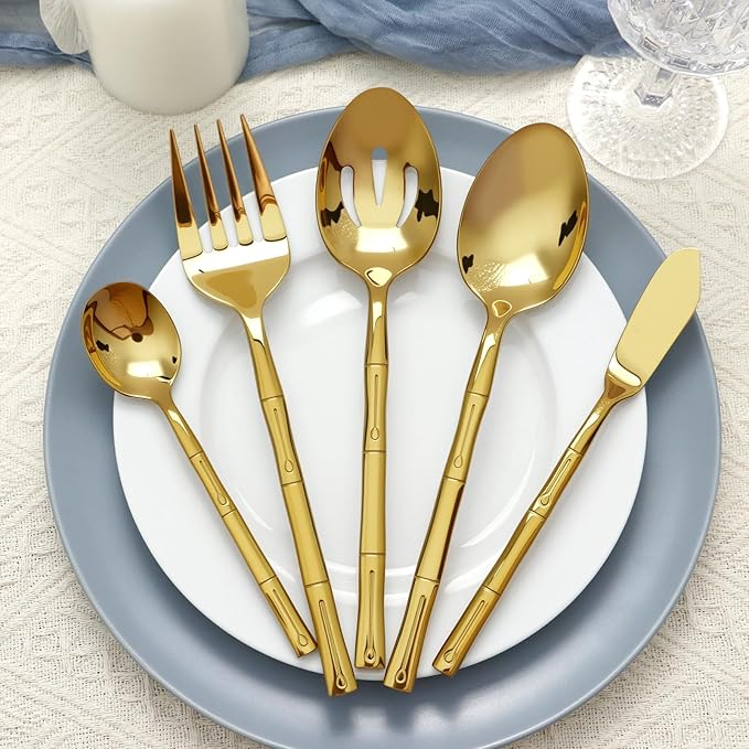 Silverware Serving Set 45-Piece Mirror Polishing Stainless Steel Gold Flatware Set Bamboo Pattern Cutlery Set Service for 8