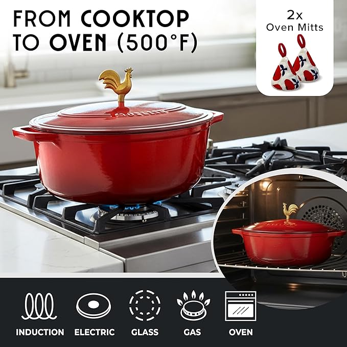 MUELLER HOME 5.5 Quart Enameled Cast Iron Oval Dutch Oven w Rooster Knob & Cotton Potholders, Heavy-Duty Cookware, Oven-Safe up to 500째 F & Across All Cooktops, Gifts for Grandma & Women, Red