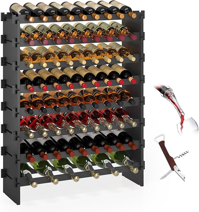 Wine Rack Freestanding Floor Bamboo Stackable Wine Storage Racks Wall Mounted, Modular Wine Bottle Stand Holder Display Shelf for Cabinet, Kitchen, Bar (Black)