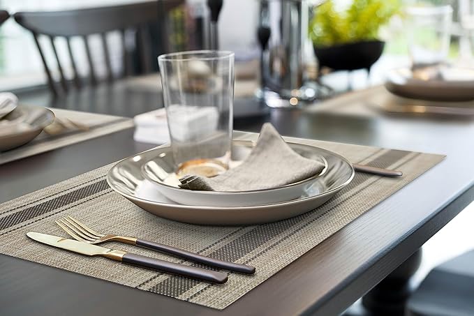 More D챕cor Dining Table Placemats, Washable Heat-Resistant PVC Vinyl Table Mats for Dining Room and Kitchen, Anti-Slip - Set of 4 - Horizontal Striped Bown - Beige