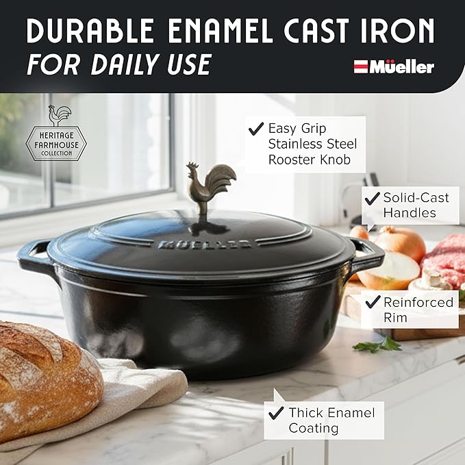 MUELLER HOME 5.5 Quart Enameled Cast Iron Oval Dutch Oven with Rooster Knob & Cotton Potholders, Heavy-Duty Cookware, Oven-Safe up to 500째 F & Across All Cooktops, Gifts for Grandma & Women, Black