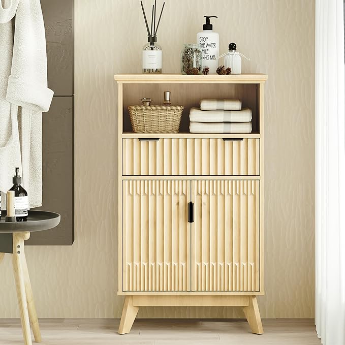 FLOWBACK Fluted Cabinet, 40'' High Coffee Bar Cabinet with Drawer & Door, Bathroom Storage with Open Shelf, Wood Kitchen Pantry Sideboard Buffet Table with Shelves for Kitchen, Dining Room, Entryway