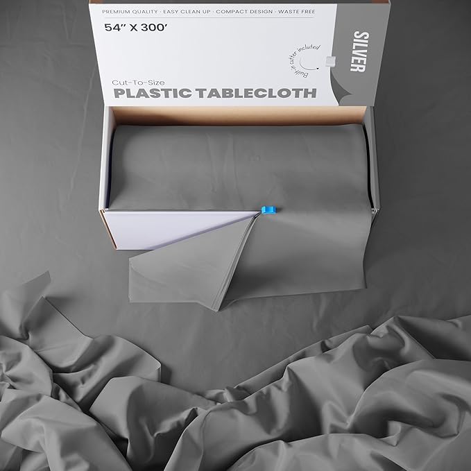 Party Solids 54 Inch X 300 Feet Silver Plastic Table Cover Roll in A Cut - to - Size Box with Convenient Slide Cutter. Cuts Up to 36 Rectangle 8 Feet Plastic Disposable Tablecloths