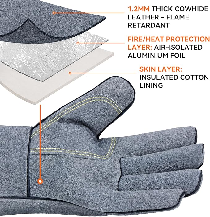 OZERO 932째F Heat Resistant Forge Welding Gloves 14 inches Cowhide Leather - Long Sleeve and Insulated Lining Grill Glove for Tig Welder/Mig/Barbecue/Stove Gray