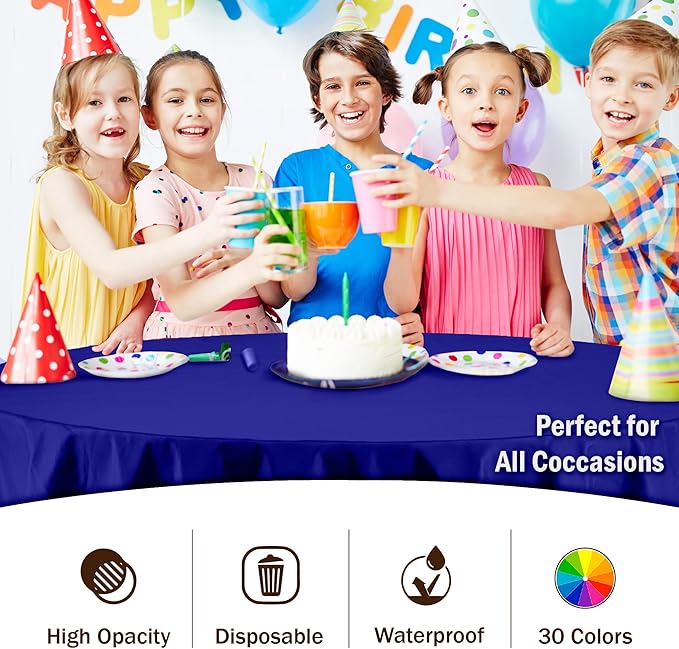 Party Solids Pack Of 6 Premium Plastic Tablecloth 84 Inch Round Plastic Table Cover - Navy