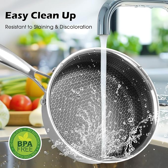 2.5QT Stainless Steel Saucepan With Lid, Honeycomb Non-stick Cooking Pot, Eco-Friendly PFOA-Free Coating, Compatible with All Cooktops, Perfect for Milk, Soup, Oatmeal & Baby Food, Dishwasher Safe