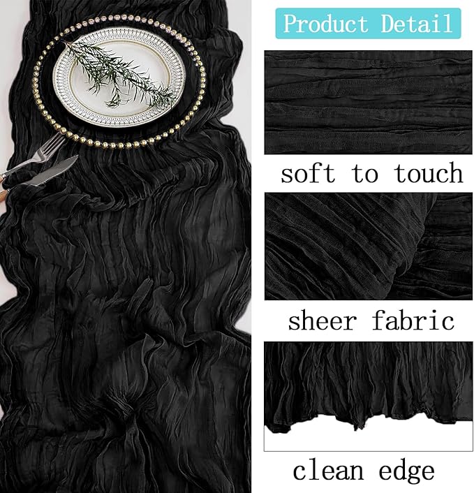 4 Pack Black Cheesecloth Table Runner 20 x 120 inch Gauze Table Runners 10 FT Long,Semi Sheer Boho Cheese Cloth Fabric Table Runner Bulk for Wedding,Party,Baby Shower,Bridal Shower Decoration