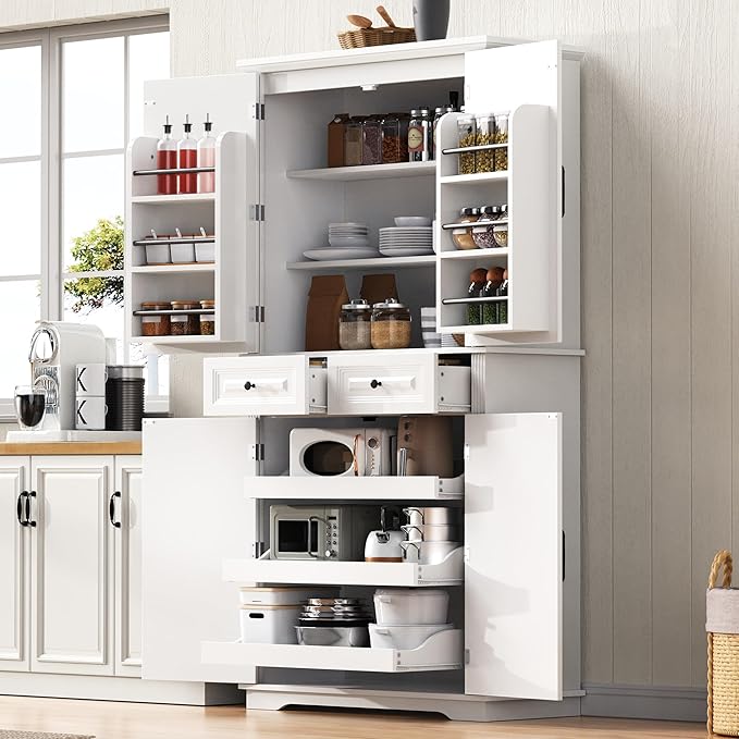 Ball & Cast 71?쿟all Farmhouse Kitchen Pantry Cabinet with 3 Pull Out Shelves & 2 Large Drawers,Versatile Pantryl Storage Cabinet w/ 6 Door Shelf & Adjustable Shelves for Kitchen,Dining Room,White