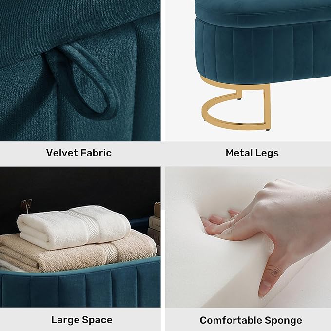 VIROL 51 Inch Storage Ottoman Bench Velvet End of Bed Storage Bench King Size Upholstered Tufted Bench Large Space for Bedroom Living Room Entryway Dark Blue