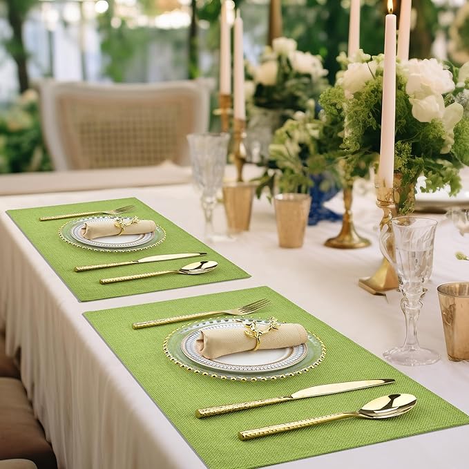 SLKQG Green Linen-Look Placemats Set of 6, Heat Resistant & Machine Washable Double-Layered Cloth Placemats for Dining Table, Indoor/Outdoor Use, Non-Slip Kitchen Table Mats (6, Grass Green)