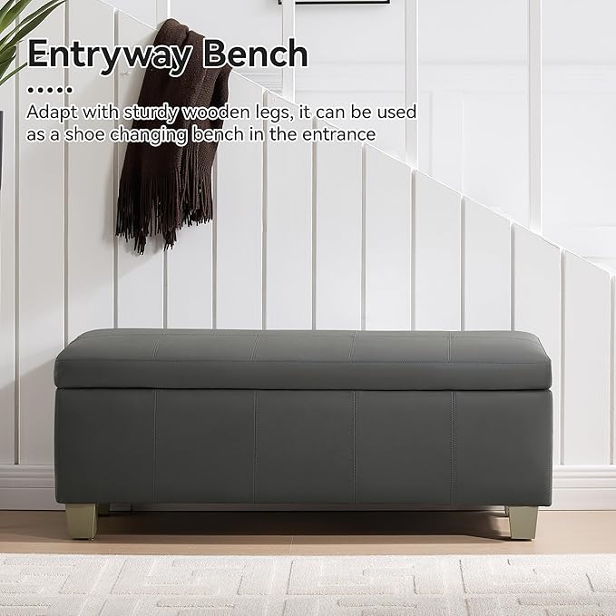 WUTUTUEE 41" Faux Leather Storage Ottoman, Stitch Tufted Rectangle Upholstered End of Bed Storage Bench, Entryway Large Couch Ottoman with Wooden Legs,Dark Grey