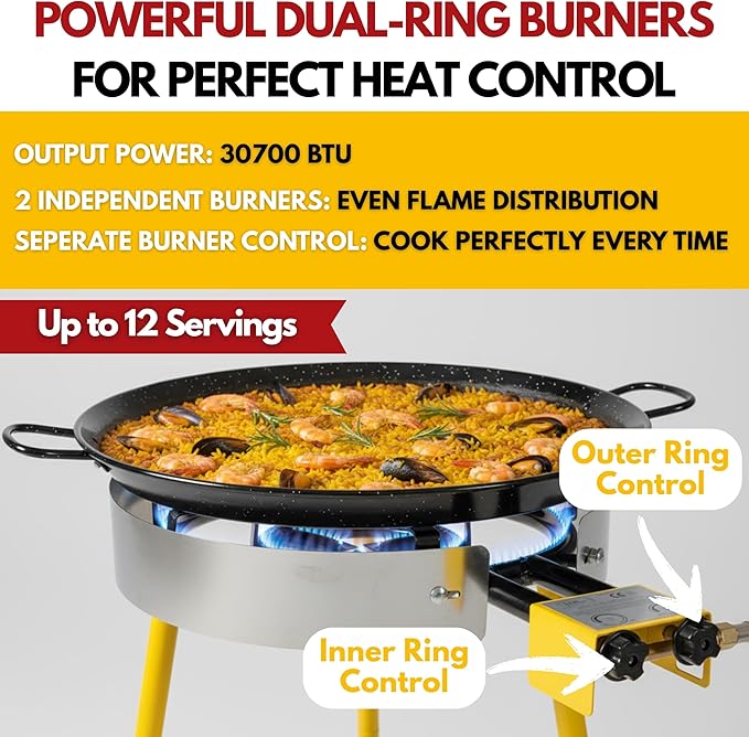 Paella Burner and Stand Set 12 Servings, 18 Inch Paella Pan, Dual Propane Outdoor Stove with Stand & Regulator, Portable Gas Cooker for Camping Crawfish Boil Cooking Outdoor, Paellera Propano