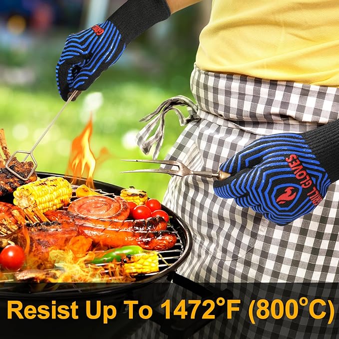 QUWIN BBQ Gloves, Oven Gloves 1472??Extreme Heat Resistant, Grilling Gloves Silicone Non-Slip Oven Mitts, Kitchen Gloves for BBQ, Grilling, Cooking, Baking-1 Pair??(Black Blue, One SizeLong Cuff