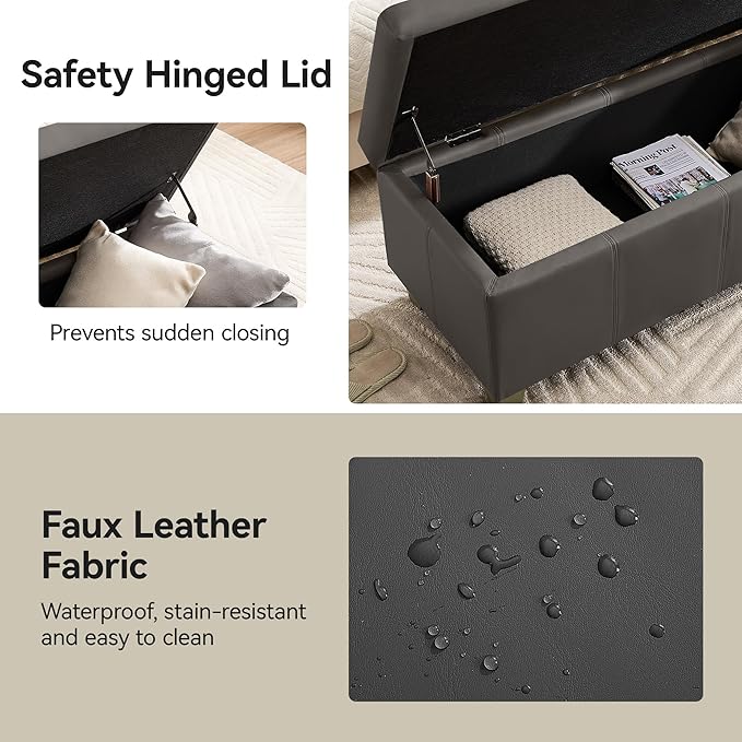 WUTUTUEE 51" Faux Leather Storage Ottoman, Stitch Tufted Rectangle Upholstered End of Bed Storage Bench, Entryway Large Couch Ottoman with Wooden Legs,Dark Grey