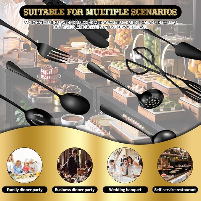 32Pcs Serving Utensils Set Serving Spoons, Buffet Tongs, Cake Spatula, Forks, Perforated Ladles, Soup Scoops, Skimmers and Black Heavy-Duty Serving Tongs (Black)