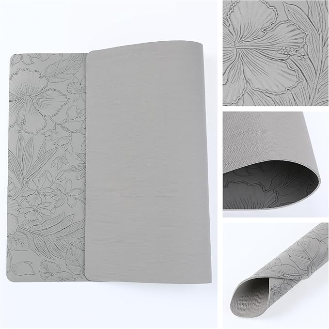 DRMHM Set of 6 Faux Leather Flower Placemats for Kitchen Dining Table Decor, Washable Table Placemats Wipeable Table Mat 18 * 12in Gray