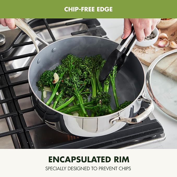 GreenPan Valencia Pro Tri-Ply Stainless Steel 5QT Saut챕 Pan with Lid, Ceramic Nonstick PFAS-Free Coating, Multi Clad Cookware, Induction, Dishwasher Oven and Broiler Safe
