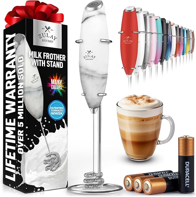 Zulay Kitchen Patented Tornado Triple Whisk Milk Frother with 4 Duracell Batteries ??Handheld Foam Maker for Coffee, Lattes, Matcha & Hot Chocolate ??Rich, Creamy Froth in Seconds