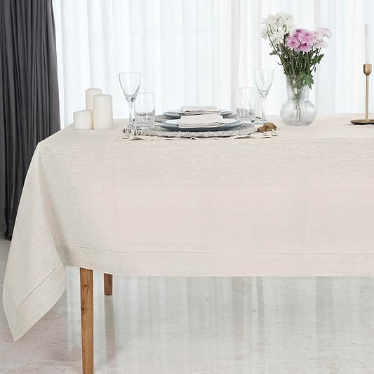 D'Moksha Homes Light Natural Linen Tablecloth for Rectangle Tables 60 x 132 Inch - 100% Pure Linen Natural Table Cloth - Classic Hemstitch, Machine Washable Dining Tablecloth for Valentines, Easter