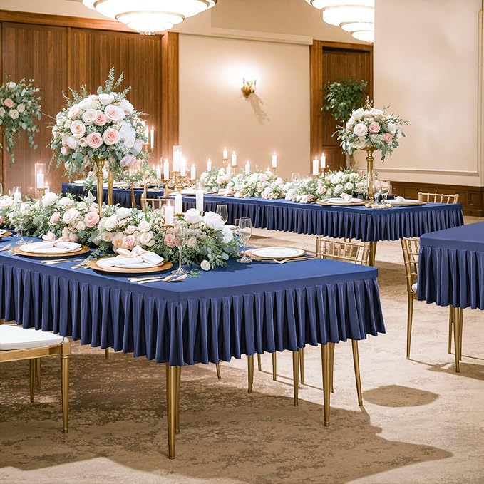 Wish Care 2 Pack Navy Blue Spandex Tablecloths for 6FT Rectangle Tables, One-Piece Wrinkle Free Fitted Stretch Table Cloths 6ft Pleated Ruffle Elastic Table Cover Skirt for Banquet Dining Home Party