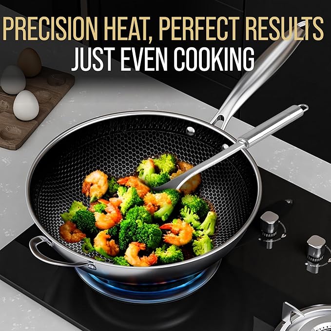 12.5??Nonstick Stainless Steel Wok Pan with Lid | Tri-Ply Honeycomb Hybrid Stir-Fry Pan | Nonstick Woks & Stir-Fry Pans | PFOA-Free, Induction, Dishwasher & Oven Safe