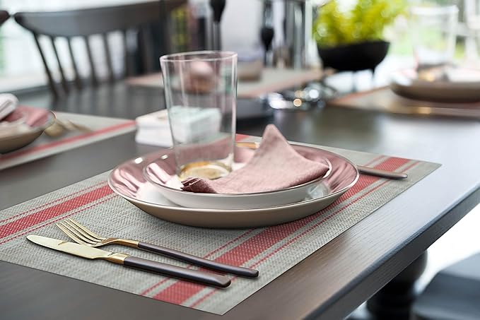 More D챕cor Dining Table Placemats, Washable Heat-Resistant PVC Vinyl Table Mats for Dining Room and Kitchen, Anti-Slip - Set of 6 - Horizontal Striped Red - Grey
