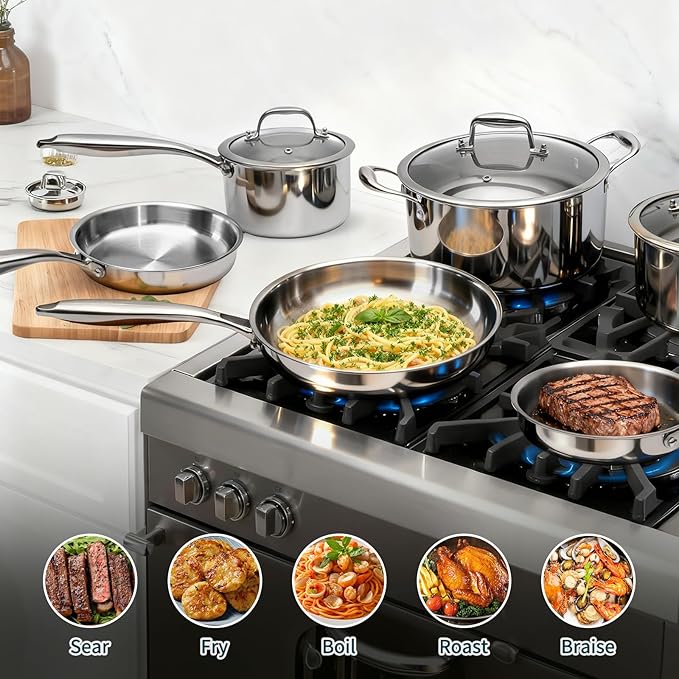 3 Ply Stainless Steel Cookware Set, AIVIKI 10-Pieces Pots and Pans Set, Induction Kitchen Cookware Set, Oven Safe to 500?? Chef Quality Cooking Set w/Fry Pans, Saucepans, Dutch Oven, Kitchen Essential