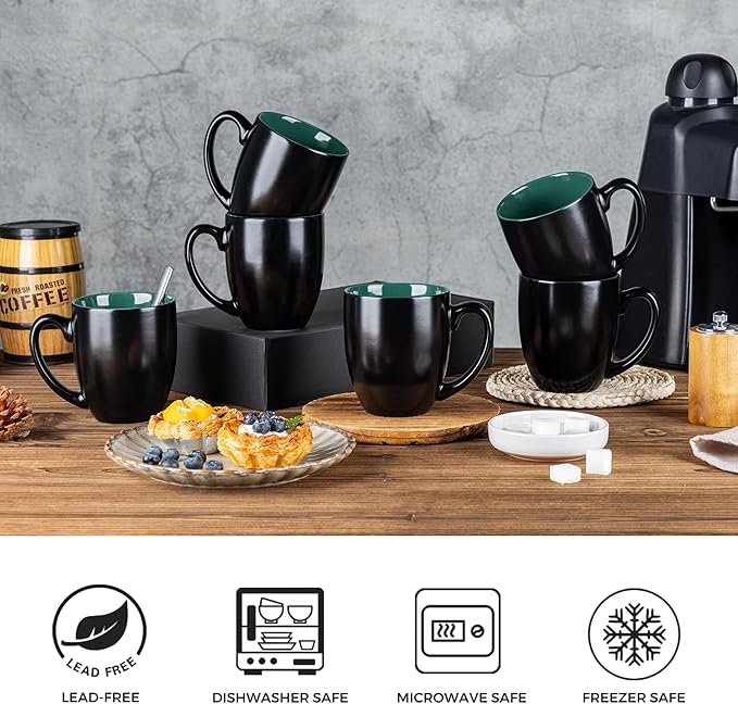 GBhome 12oz Coffee Mugs Set of 6, Large Ceramic Coffee Mugs for Man, Woman, Dad, Mom, Modern Coffee Mugs Set with handle for Tea/Latte/Cappuccino/Milk/Cocoa. Dishwasher&Microwave Safe,Green