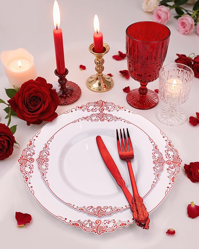 Nervure 350PCS Red Plastic Plates - White Red Plastic Dinnerware Set for 50 Guests - 100 Red Disposable Plates, 50 Pre Rolled Cutlery Set, 50 Cups Perfect for Wedding, Party