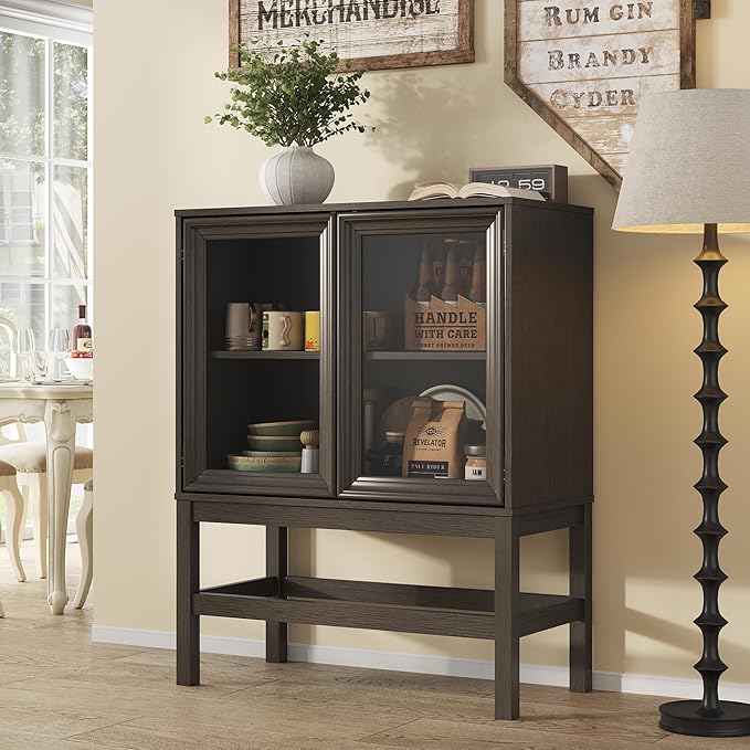 Sideboard Buffet Cabinet with Storage Set of 2, Small Kitchen Coffee Wine Bar Cabinet with Glass Doors, Wood Mid Century Modern Side Board Table for Dining Room, Living Room