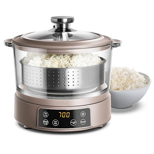 COOK WITH COLOR 3L Glass Mini Low Carb Rice Cooker ??Holds 2 Cups Raw/Makes 6 Cups Cooked with Auto Lift Filter Basket, Hotpot & Steamer for Rice, Grains, Digital Panel with Keep Warm, Goat/Mink