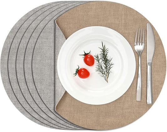 Myir JUN Reversible Vinyl Round Placemats Set of 6, Faux Leather Place Mats Dual Sided Waterproof Oilproof Wipeable, Heat-Resistant Table Mats for Kitchen Dining Indoor Outdoor (14", Light Gray Beige)