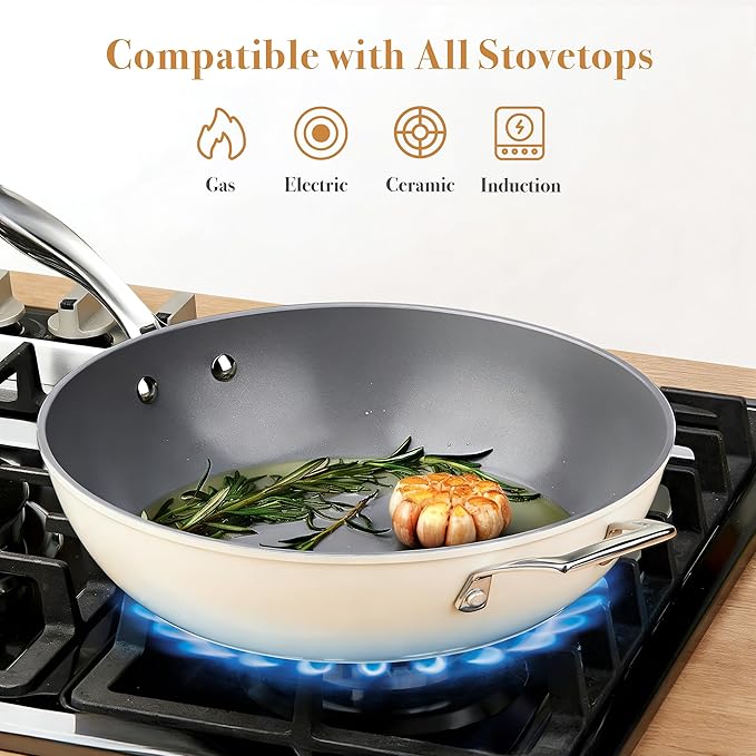 PekGema Ceramic Pots and Pans Set, 16 Pcs Cookware Set Nonstick, Non Toxic, Oven Safe, Induction Cookware, Cooking Set with Steamer, PPG Ceramic PFAS PTFE PFOA FREE, White