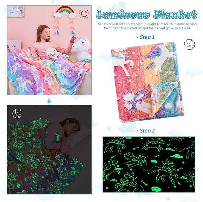 QSTEHEML Unicorns Glow in The Dark Blanket for Girls,Unicorn Gifts for Girls Age 3 4 5 6 7 8 9 10 11 12 Year Old, Soft Unicorns Rainbow Blanket - Christmas Birthday Bedroom Decor 50"횞60"