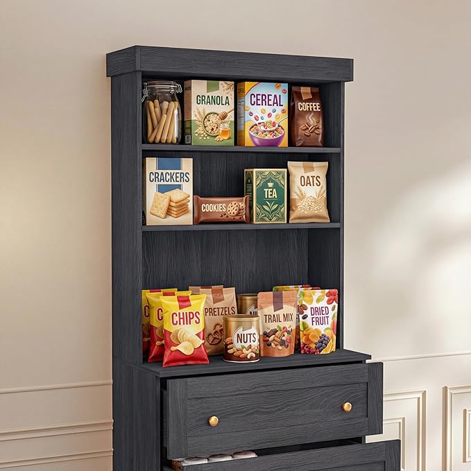 Vyre 71" Farmhouse Kitchen Pantry Cabinet Set of 3, Black Freestanding Coffee Bar Hutch with Drawers & Adjustable Shelves, Large Storage Cabinet with Microwave Stand for Living Room & Kitchen
