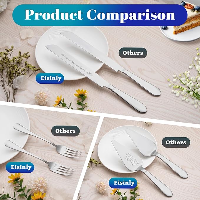 Cake Cutting Set for Wedding, Elegant Cake Knife and Server Set with Stainless Steel Forks, Cake Cutter and Pie Spatula for Engagements, Anniversary, Bride and Groom, 4 Pcs, Silver