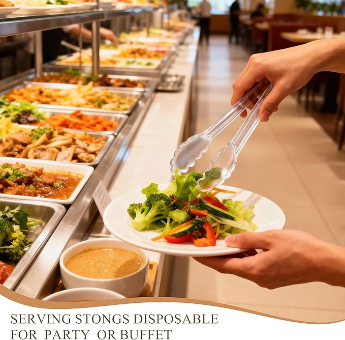 Mwellewm 48Pcs Plastic Serving Utensils 9'' Disposable Serving Spoons for Buffet Clear Forks Serving Tongs Heavy Duty Large Party Utensils Supplies for Restaurant Food Dinner Salad Noodles Soup