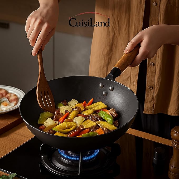 Cuisiland 12" Nitrided Cast Iron Wok ??Rust-Resistant Stir-Fry Pan, Removable Beechwood Long Handle, Naturally Non-Stick, Durable & Comfortable Grip, Classic Heat Retention