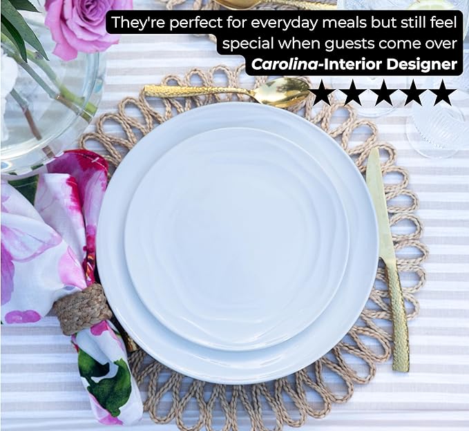 Pots & Patterns White Porcelain Dinner Plates Set for 4 ??12-Piece Chip-Resistant Plates and Bowls with Natural Waves Design ??Microwave, Oven, Dishwasher Safe Scratch-Resistant China Dinnerware