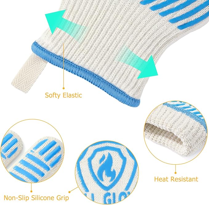 QUWIN BBQ Gloves, Oven Gloves 1472??Extreme Heat Resistant, Grilling Gloves Silicone Non-Slip Oven Mitts, Kitchen Gloves for BBQ, Grilling, Cooking, Baking-1 Pair??(Blue, One Size Fits Most)